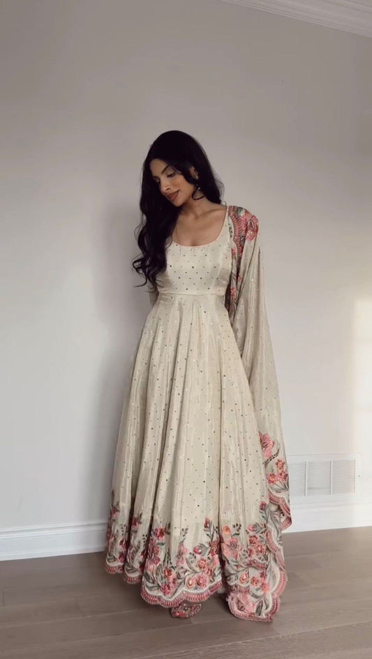 Chinon Silk Off White Three-Piece Set Featuring Sleek Pant and Subtle Dupatta - Jaipuri Vastra