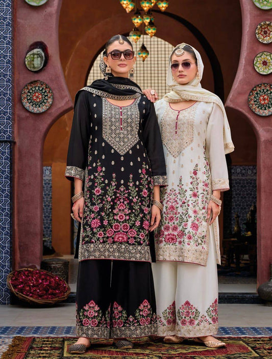 Stylish Party Wear Suit Set with Embroidered Faux Georgette Top, Palazzo and Matching Dupatta - Jaipuri Vastra