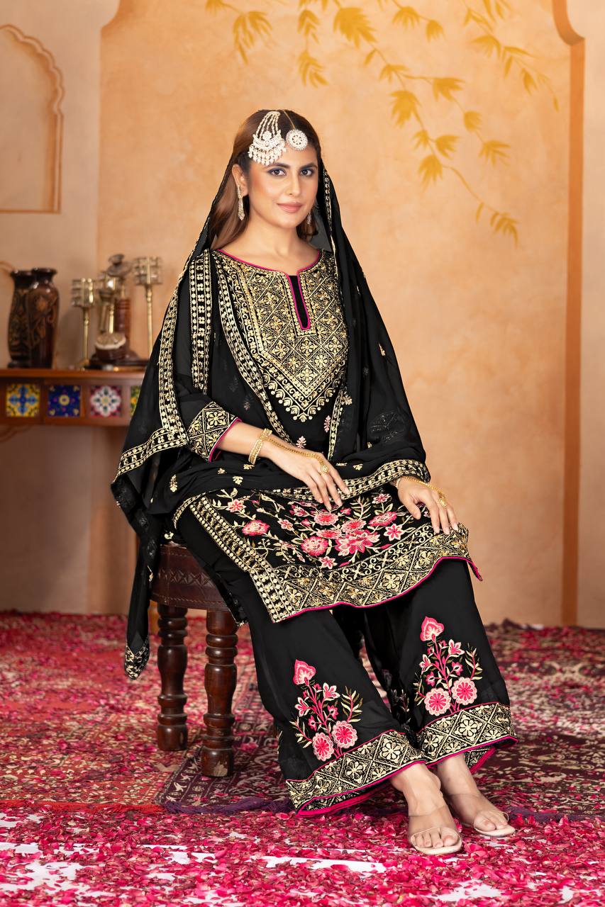 Stylish Party Wear Suit Set with Embroidered Faux Georgette Top, Palazzo and Matching Dupatta - Jaipuri Vastra