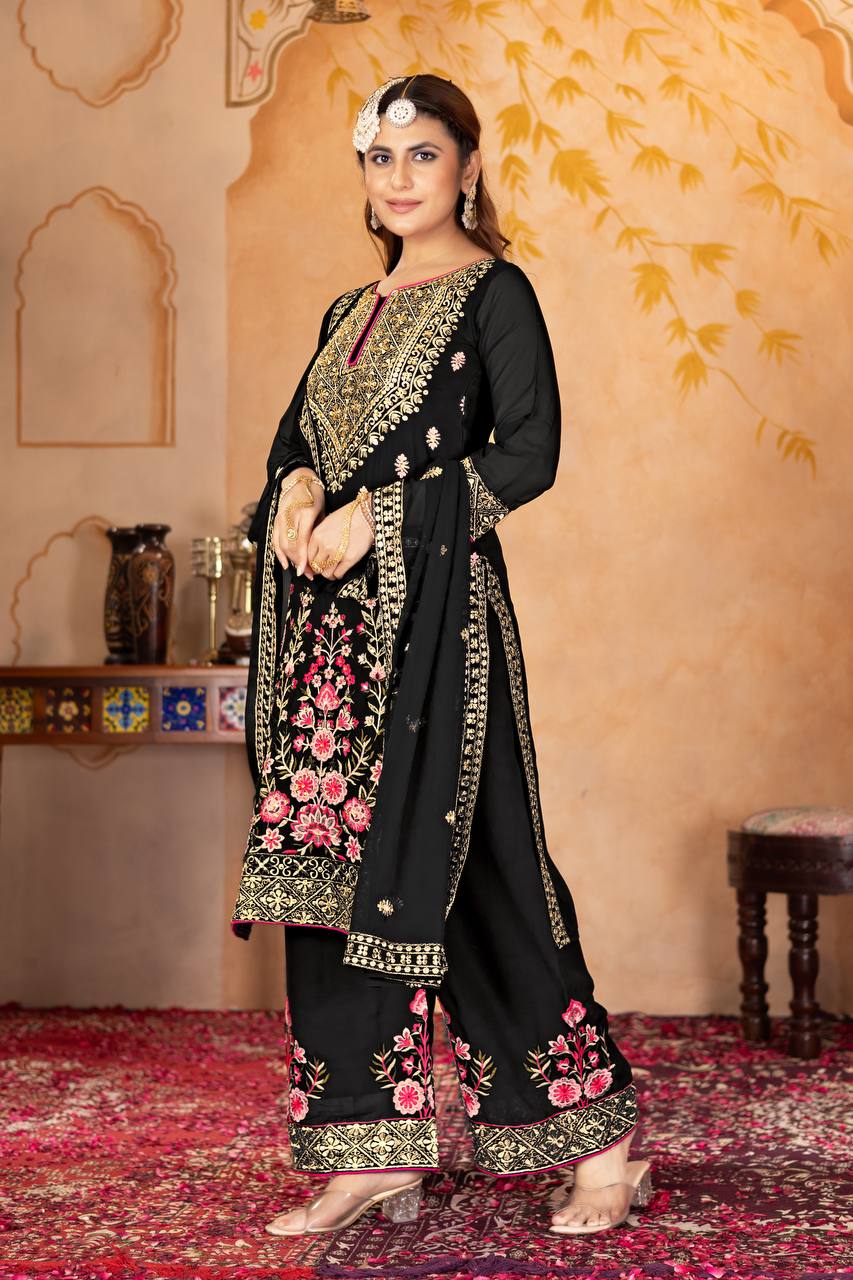 Stylish Party Wear Suit Set with Embroidered Faux Georgette Top, Palazzo and Matching Dupatta - Jaipuri Vastra