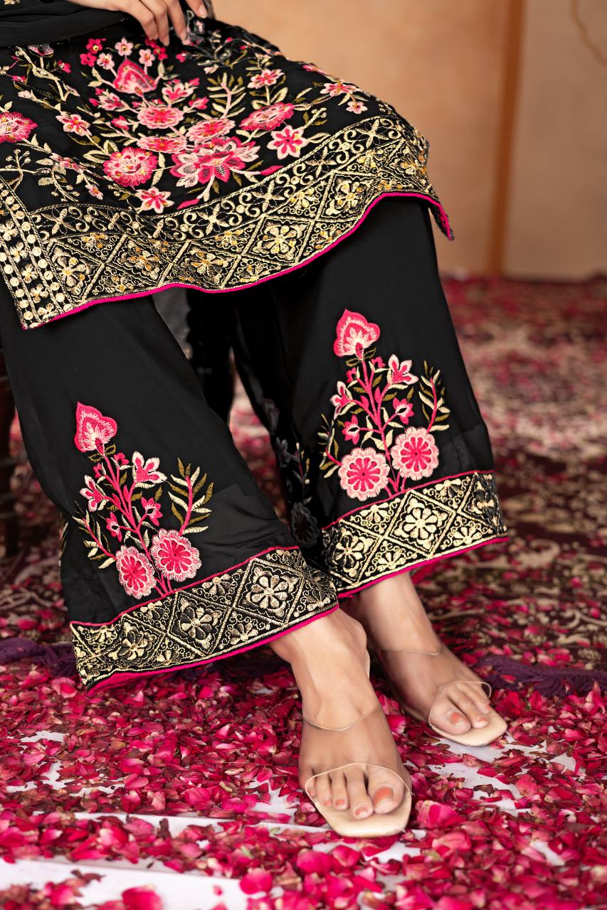 Stylish Party Wear Suit Set with Embroidered Faux Georgette Top, Palazzo and Matching Dupatta - Jaipuri Vastra