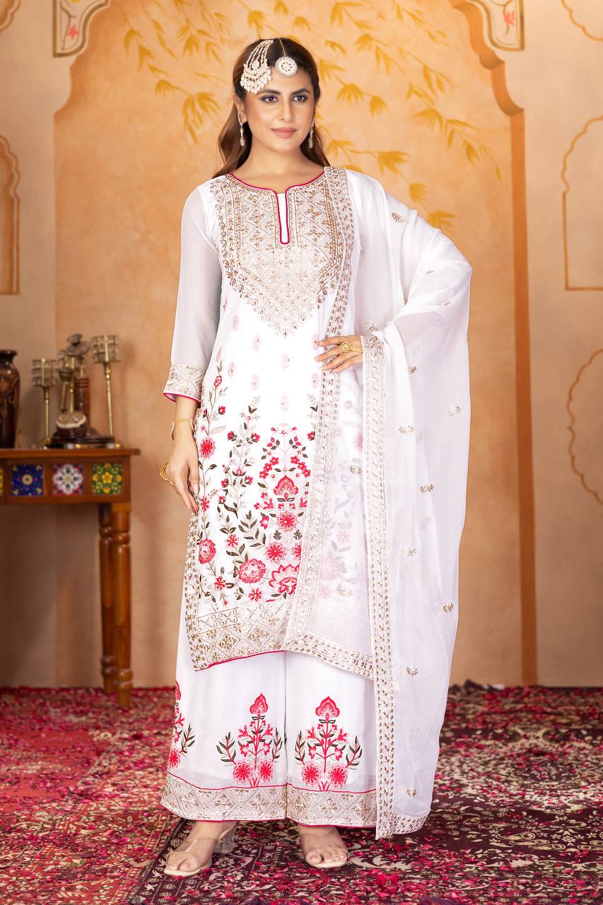 Stylish Party Wear Suit Set with Embroidered Faux Georgette Top, Palazzo and Matching Dupatta - Jaipuri Vastra