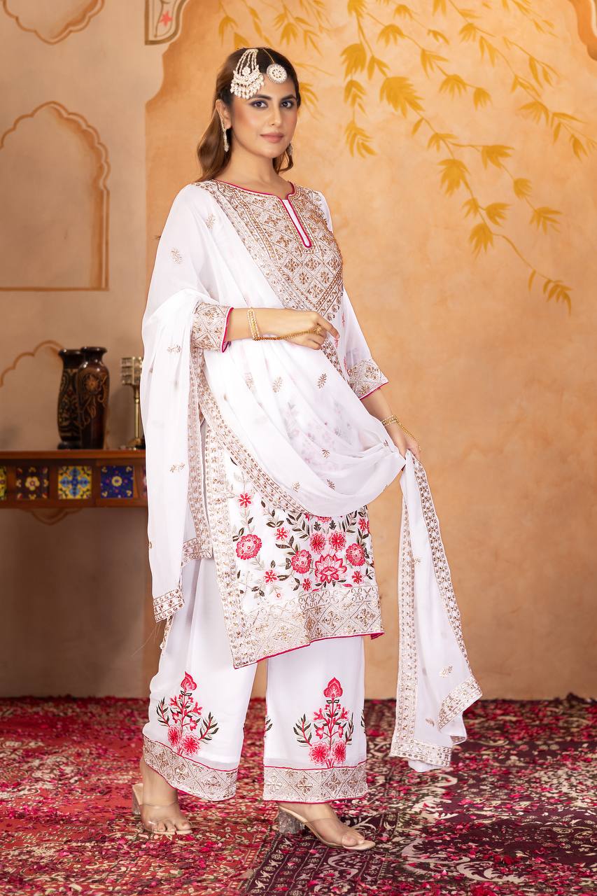Stylish Party Wear Suit Set with Embroidered Faux Georgette Top, Palazzo and Matching Dupatta - Jaipuri Vastra