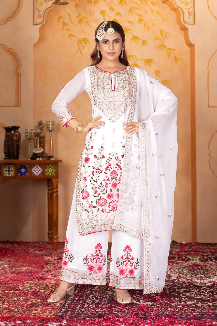 Stylish Party Wear Suit Set with Embroidered Faux Georgette Top, Palazzo and Matching Dupatta - Jaipuri Vastra