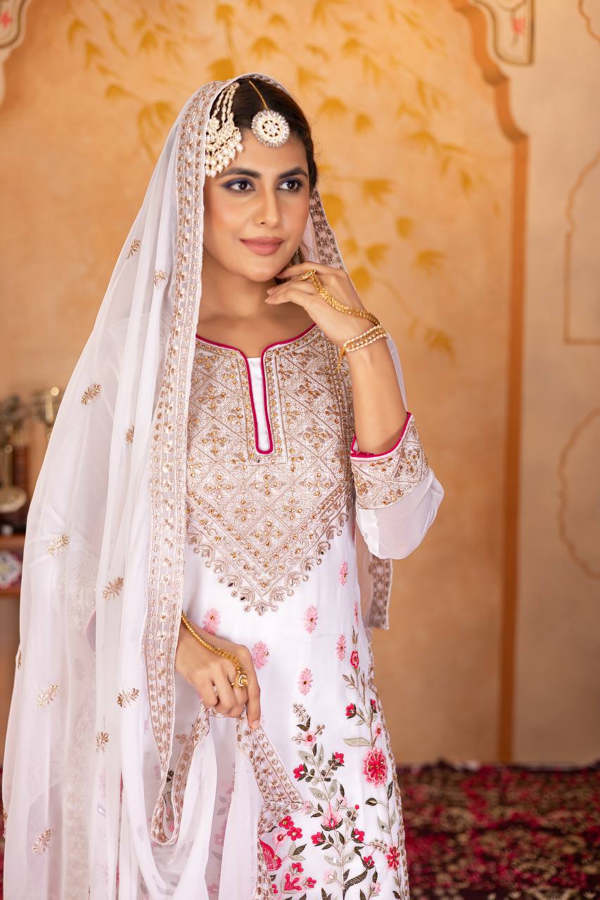 Stylish Party Wear Suit Set with Embroidered Faux Georgette Top, Palazzo and Matching Dupatta - Jaipuri Vastra