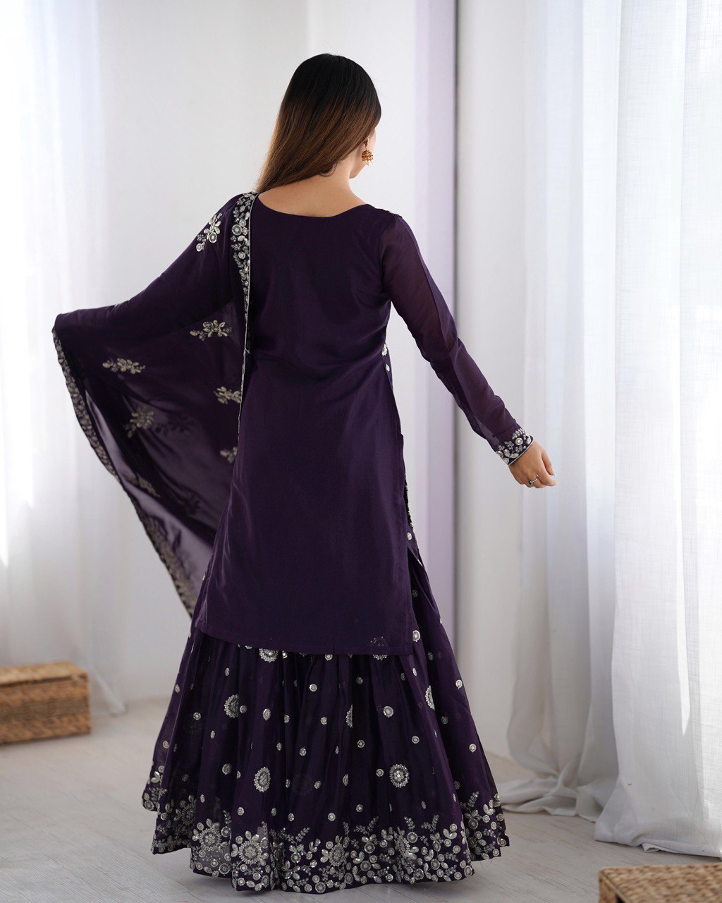 Elegant Star Georgette Sharara Suit with Front and Back Thread Sequin Work and Dupatta - Jaipuri Vastra