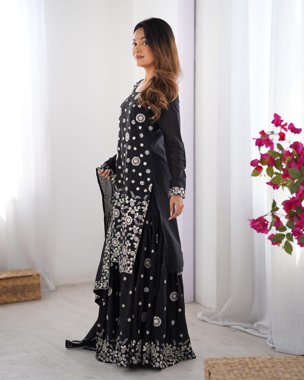 Elegant Star Georgette Sharara Suit with Front and Back Thread Sequin Work and Dupatta - Jaipuri Vastra