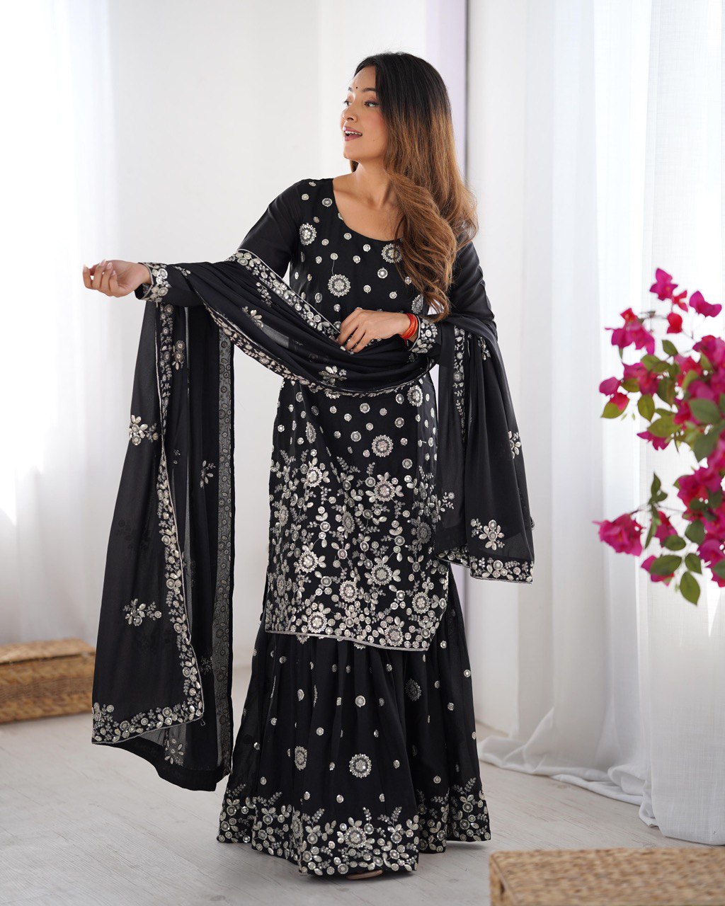 Elegant Star Georgette Sharara Suit with Front and Back Thread Sequin Work and Dupatta - Jaipuri Vastra