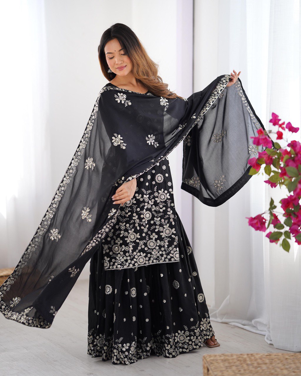 Elegant Star Georgette Sharara Suit with Front and Back Thread Sequin Work and Dupatta - Jaipuri Vastra