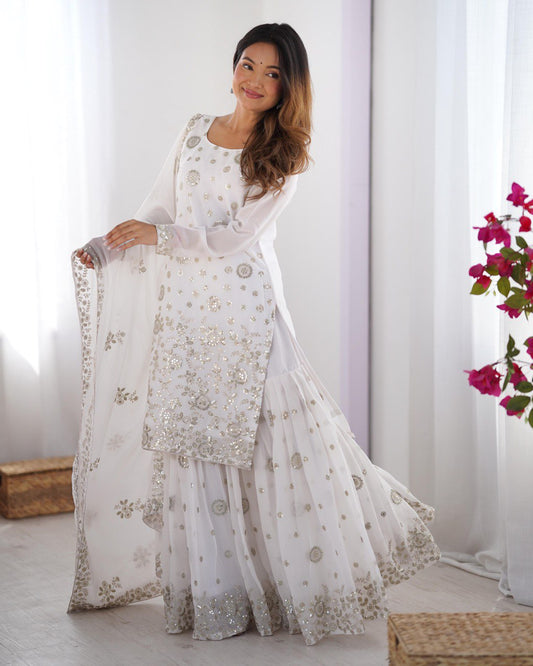 Elegant Star Georgette Sharara Suit with Front and Back Thread Sequin Work and Dupatta - Jaipuri Vastra