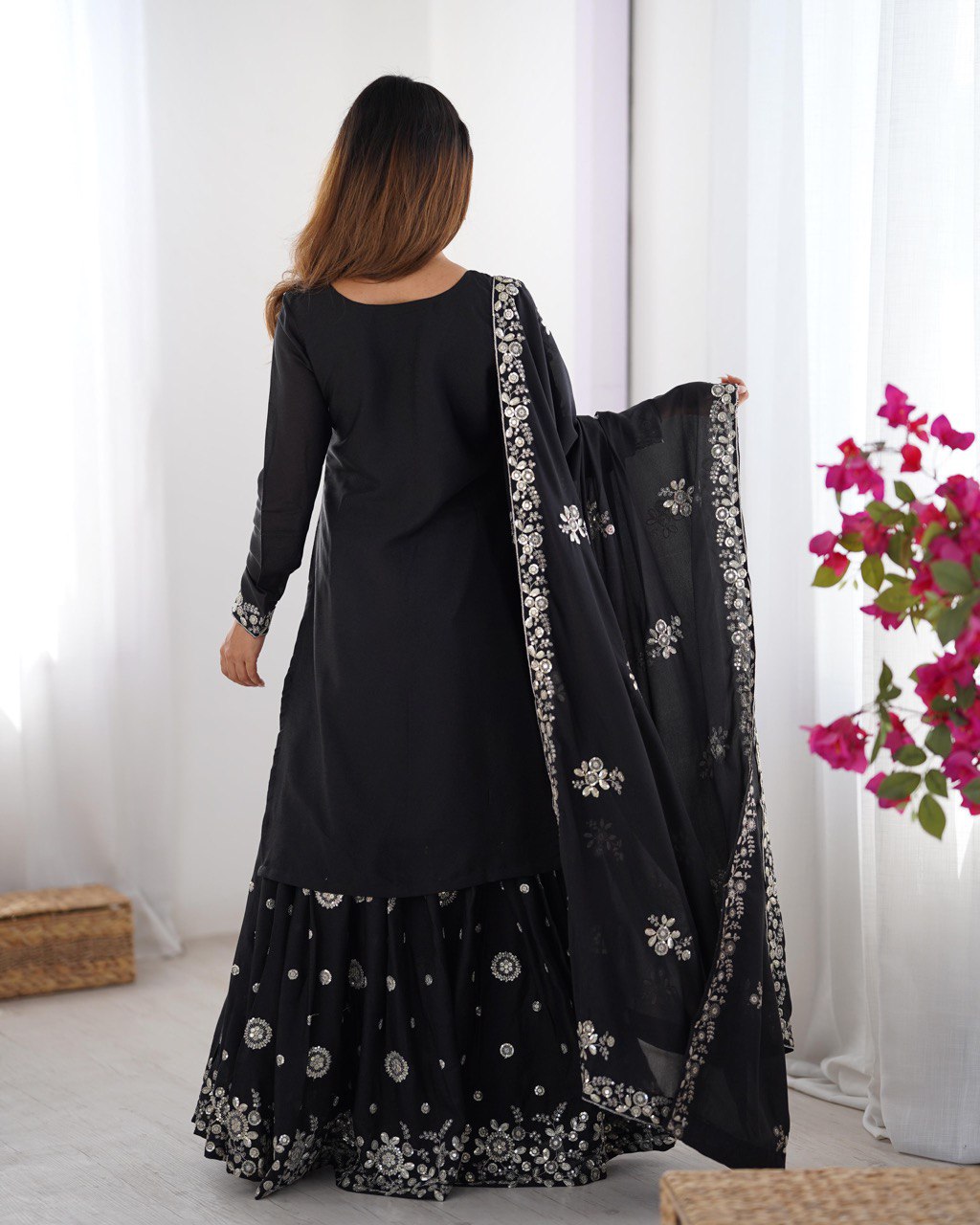 Elegant Star Georgette Sharara Suit with Front and Back Thread Sequin Work and Dupatta - Jaipuri Vastra