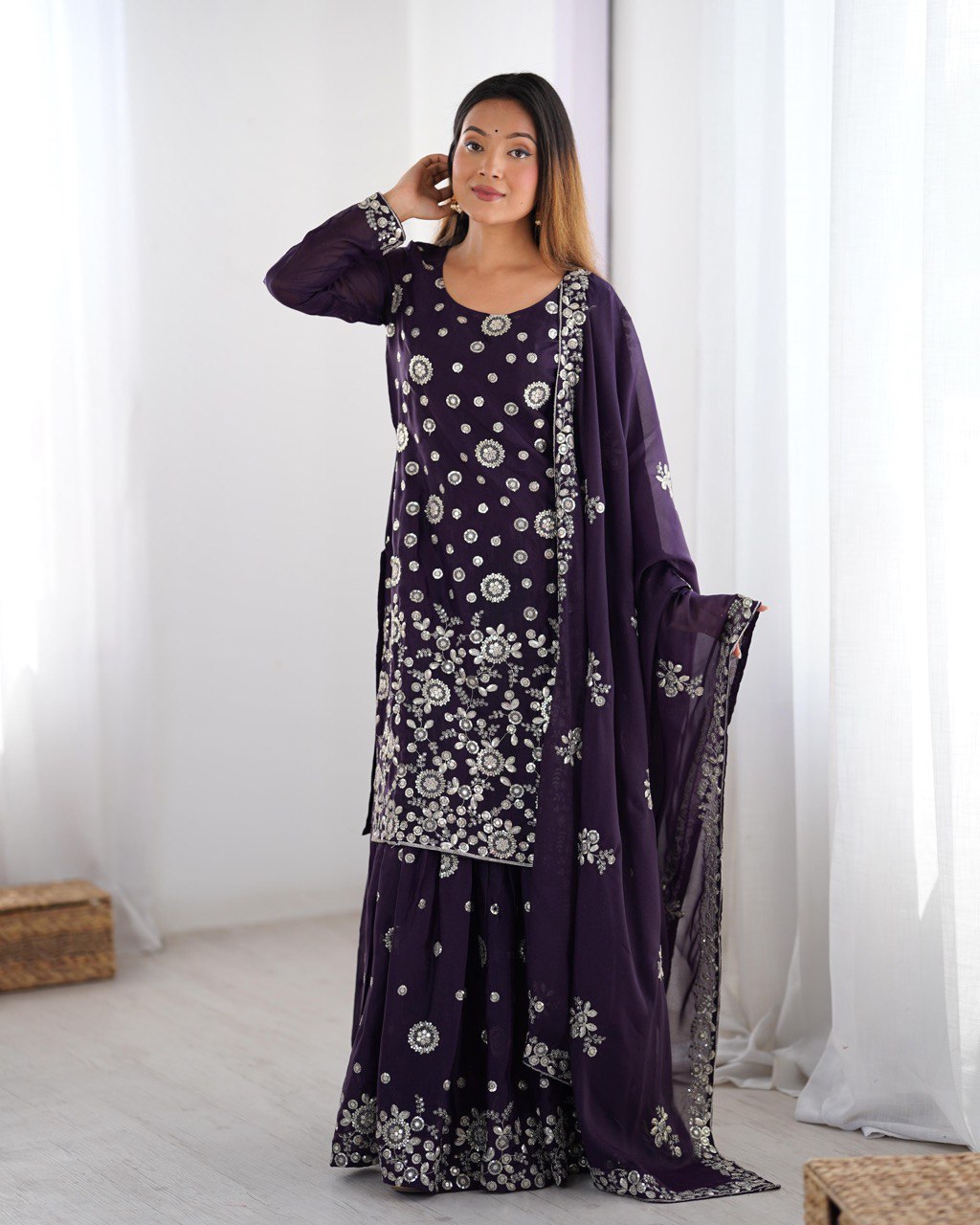 Elegant Star Georgette Sharara Suit with Front and Back Thread Sequin Work and Dupatta - Jaipuri Vastra