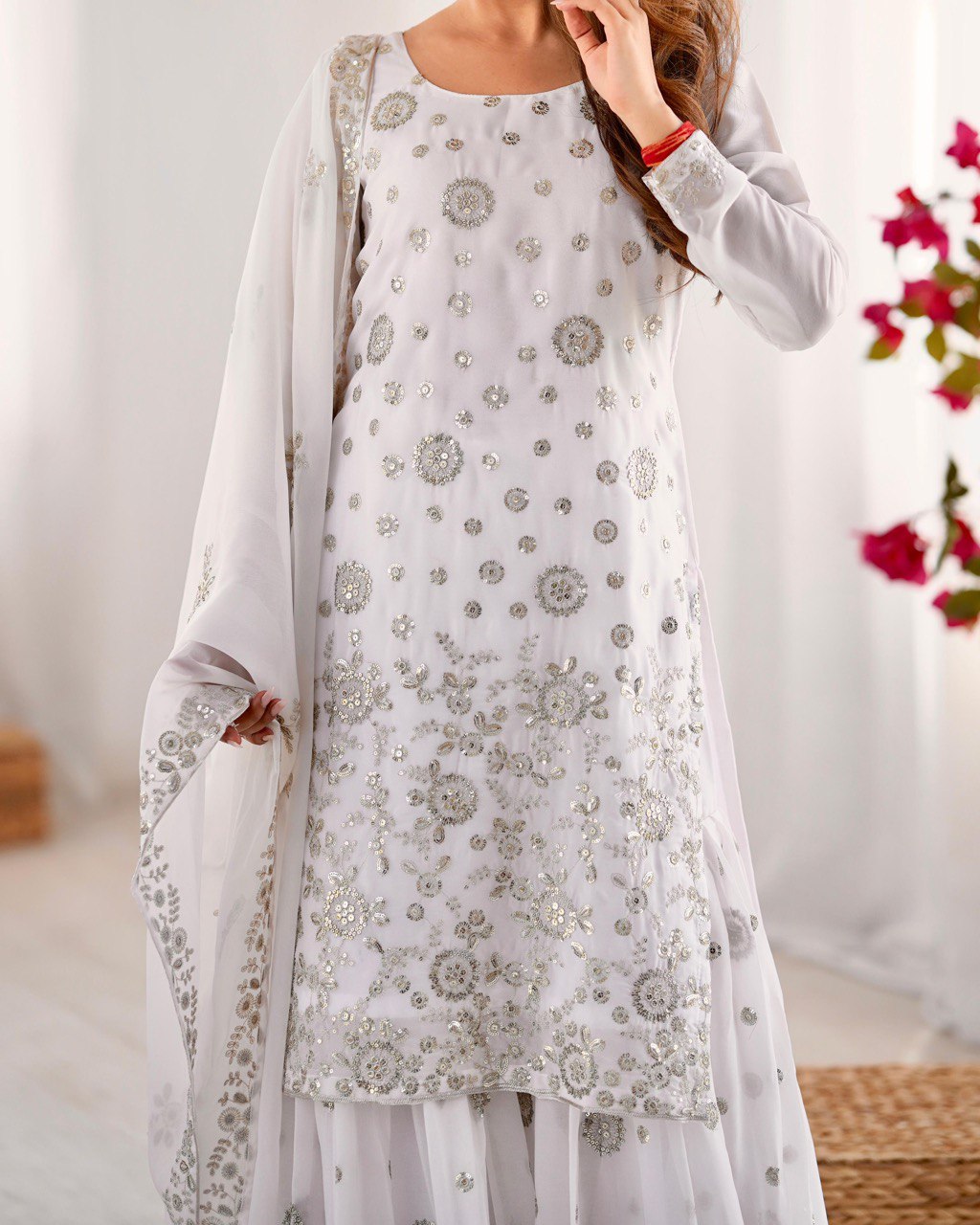 Elegant Star Georgette Sharara Suit with Front and Back Thread Sequin Work and Dupatta - Jaipuri Vastra