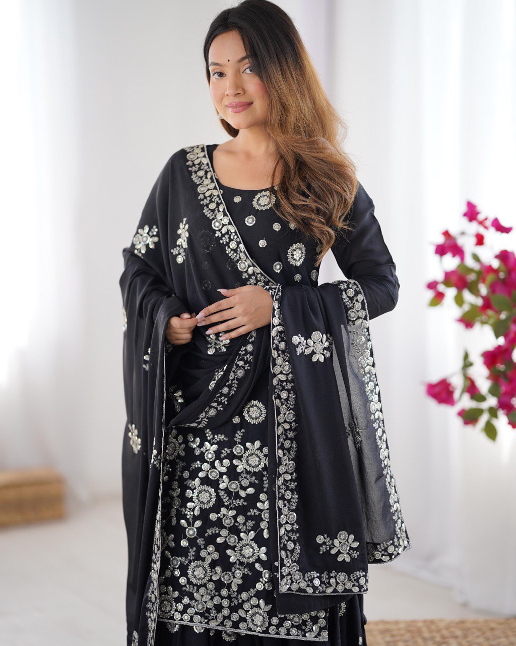 Elegant Star Georgette Sharara Suit with Front and Back Thread Sequin Work and Dupatta - Jaipuri Vastra