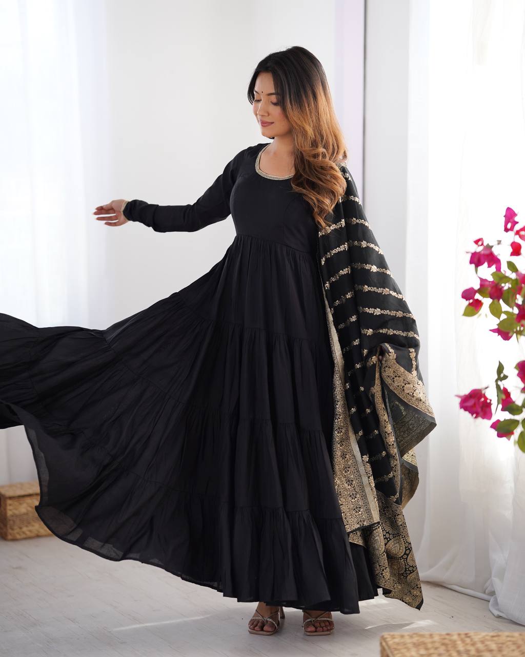 Pure Chanderi Anarkali Suit in Roman Silk with Flare, Paired with Dupatta and Bottoms - Jaipuri Vastra