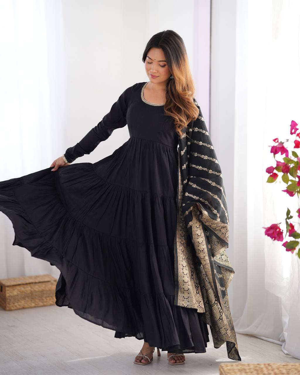Pure Chanderi Anarkali Suit in Roman Silk with Flare, Paired with Dupatta and Bottoms - Jaipuri Vastra