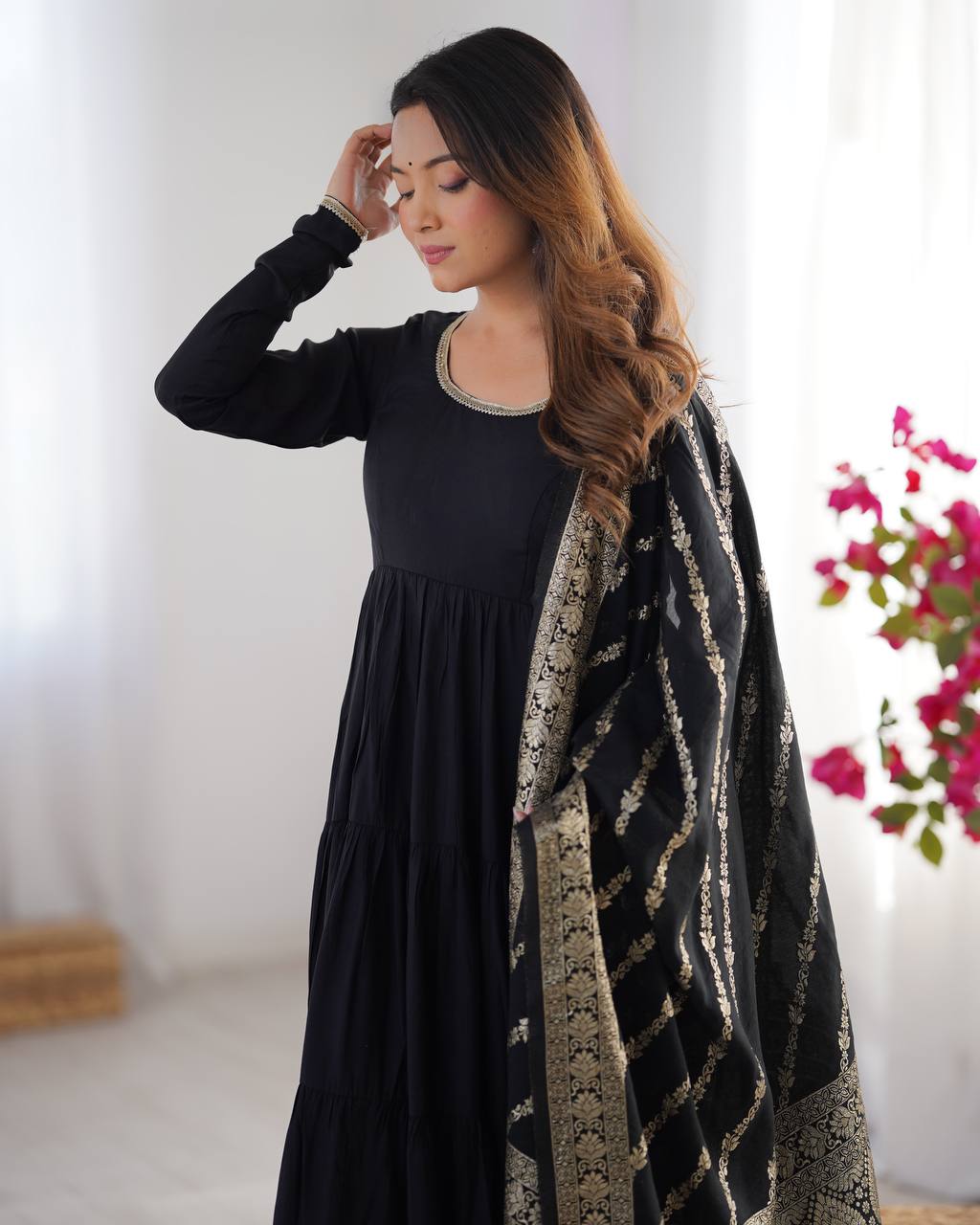 Pure Chanderi Anarkali Suit in Roman Silk with Flare, Paired with Dupatta and Bottoms - Jaipuri Vastra