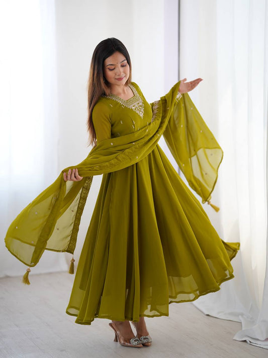 Designer Faux Georgette Anarkali Set with Embroidery, Bead and Zari Detailing - Jaipuri Vastra