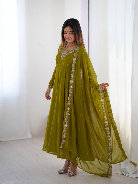 Designer Faux Georgette Anarkali Set with Embroidery, Bead and Zari Detailing - Jaipuri Vastra