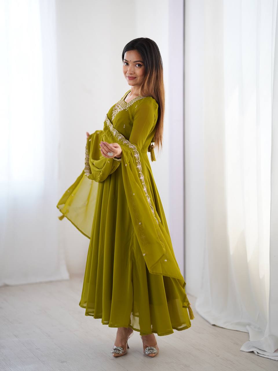 Designer Faux Georgette Anarkali Set with Embroidery, Bead and Zari Detailing - Jaipuri Vastra