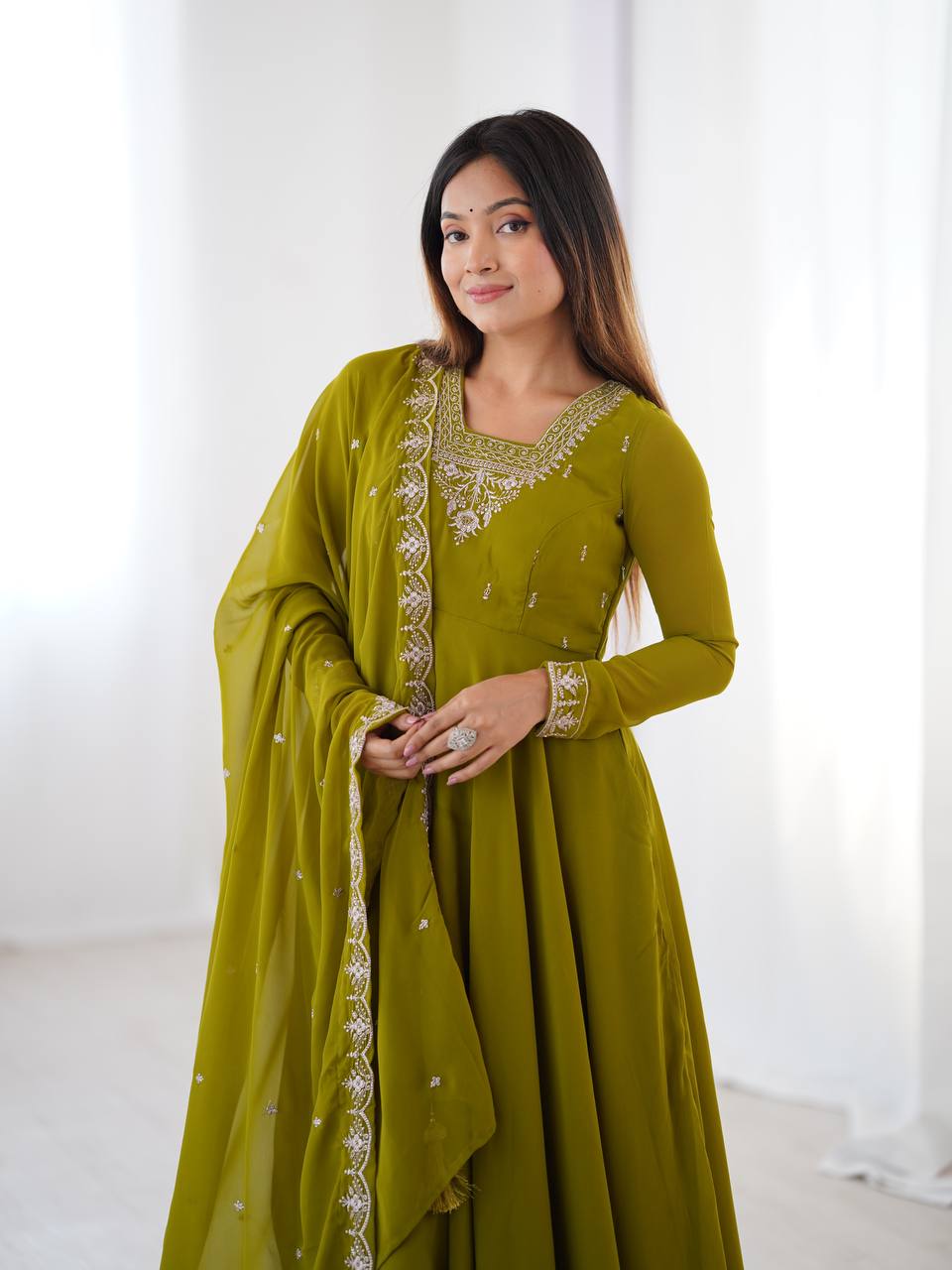Designer Faux Georgette Anarkali Set with Embroidery, Bead and Zari Detailing - Jaipuri Vastra
