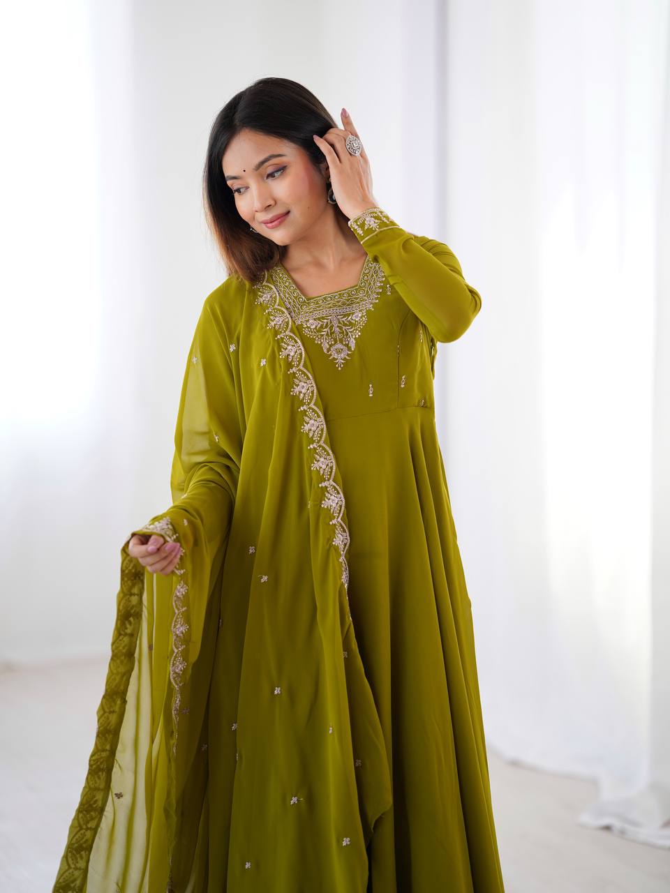Designer Faux Georgette Anarkali Set with Embroidery, Bead and Zari Detailing - Jaipuri Vastra