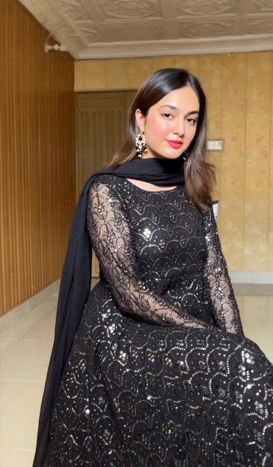Exclusive Black Anarkali Suit for Women with Faux Blooming Sharara and Dupatta - Jaipuri Vastra