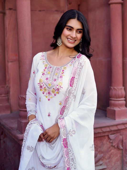 Designer Faux Georgette Thread and Sequin Work Top with Sharara and Dupatta - Jaipuri Vastra