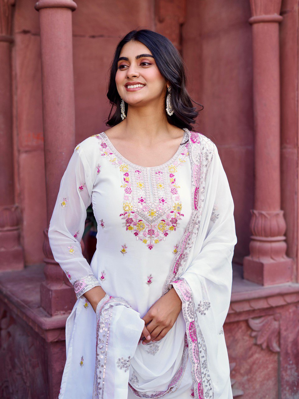 Designer Faux Georgette Thread and Sequin Work Top with Sharara and Dupatta - Jaipuri Vastra