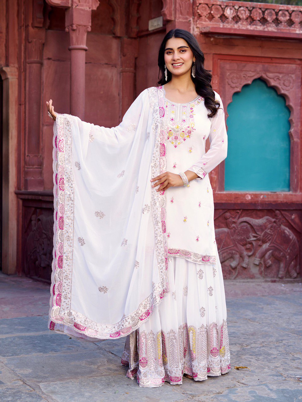 Designer Faux Georgette Thread and Sequin Work Top with Sharara and Dupatta - Jaipuri Vastra