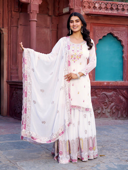 Designer Faux Georgette Thread and Sequin Work Top with Sharara and Dupatta - Jaipuri Vastra