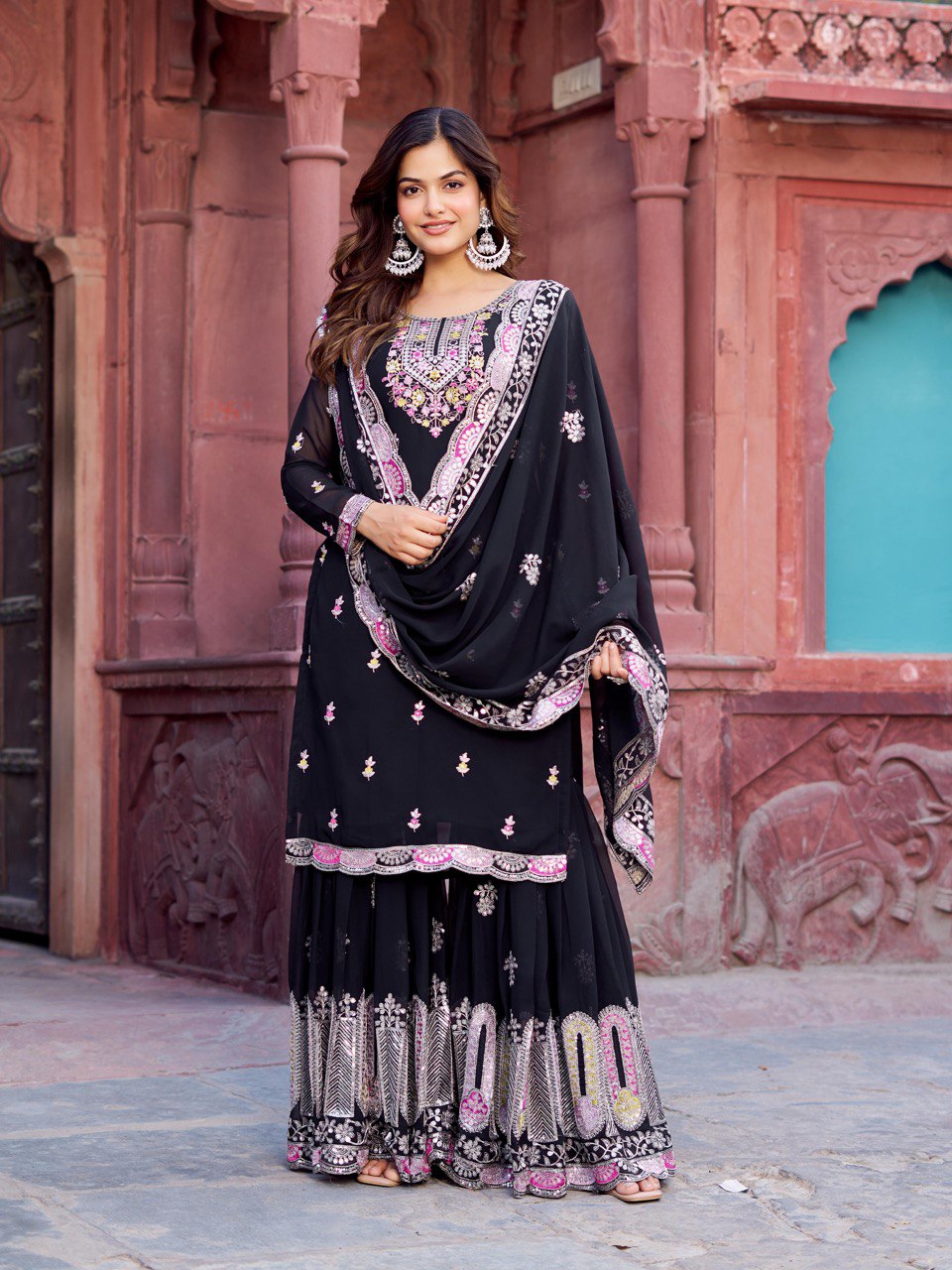 Designer Faux Georgette Thread and Sequin Work Top with Sharara and Dupatta - Jaipuri Vastra