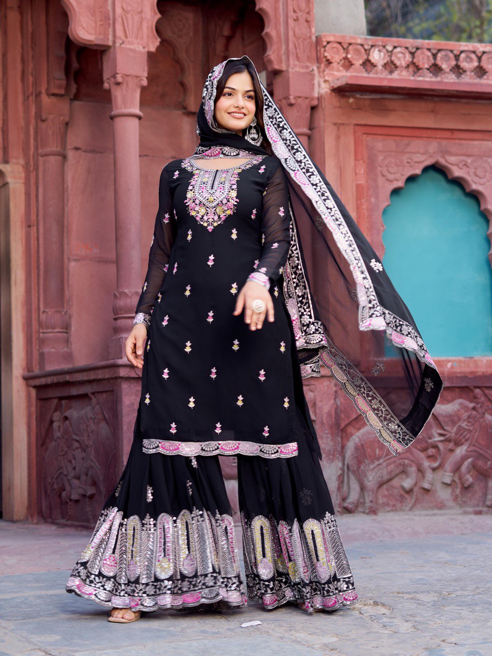 Designer Faux Georgette Thread and Sequin Work Top with Sharara and Dupatta - Jaipuri Vastra