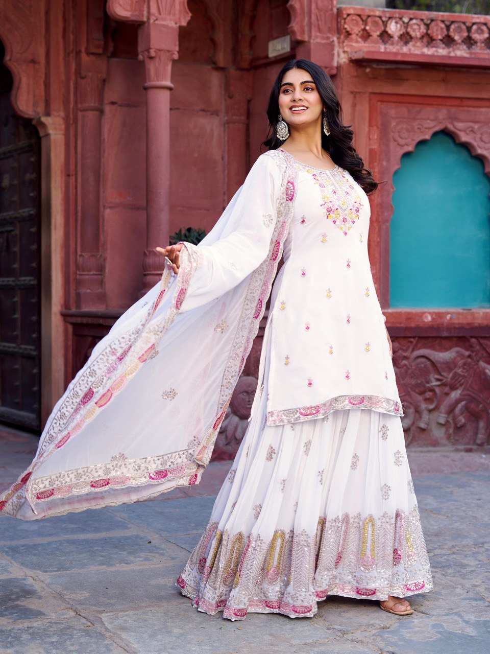 Designer Faux Georgette Thread and Sequin Work Top with Sharara and Dupatta - Jaipuri Vastra