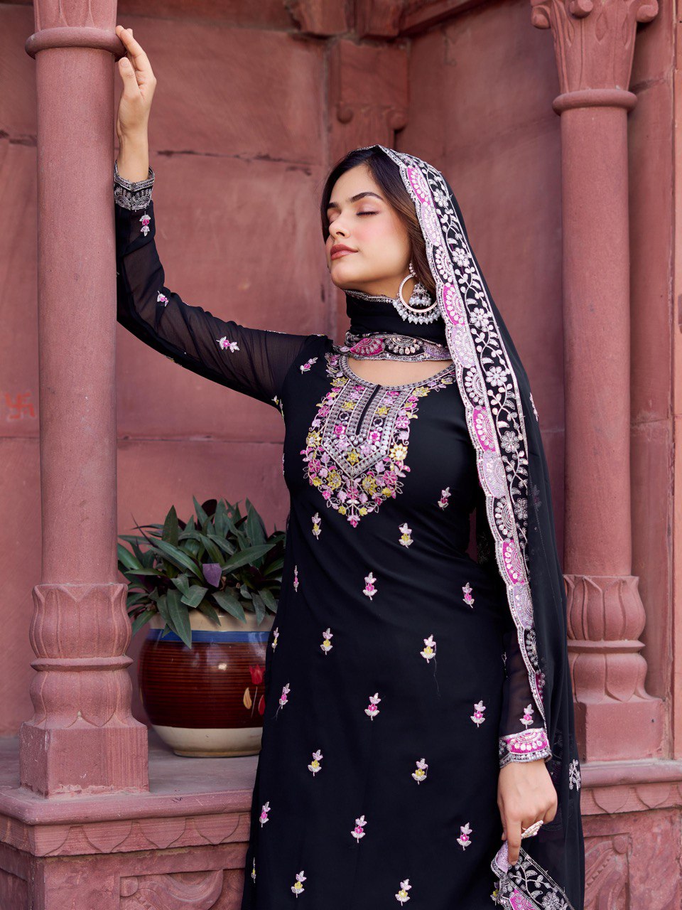 Designer Faux Georgette Thread and Sequin Work Top with Sharara and Dupatta - Jaipuri Vastra