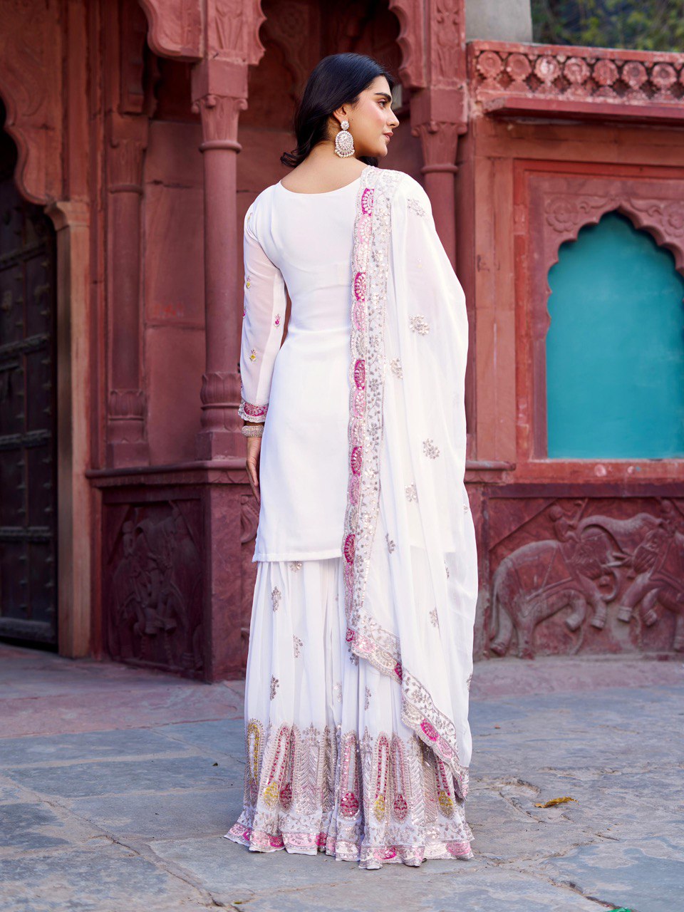 Designer Faux Georgette Thread and Sequin Work Top with Sharara and Dupatta - Jaipuri Vastra