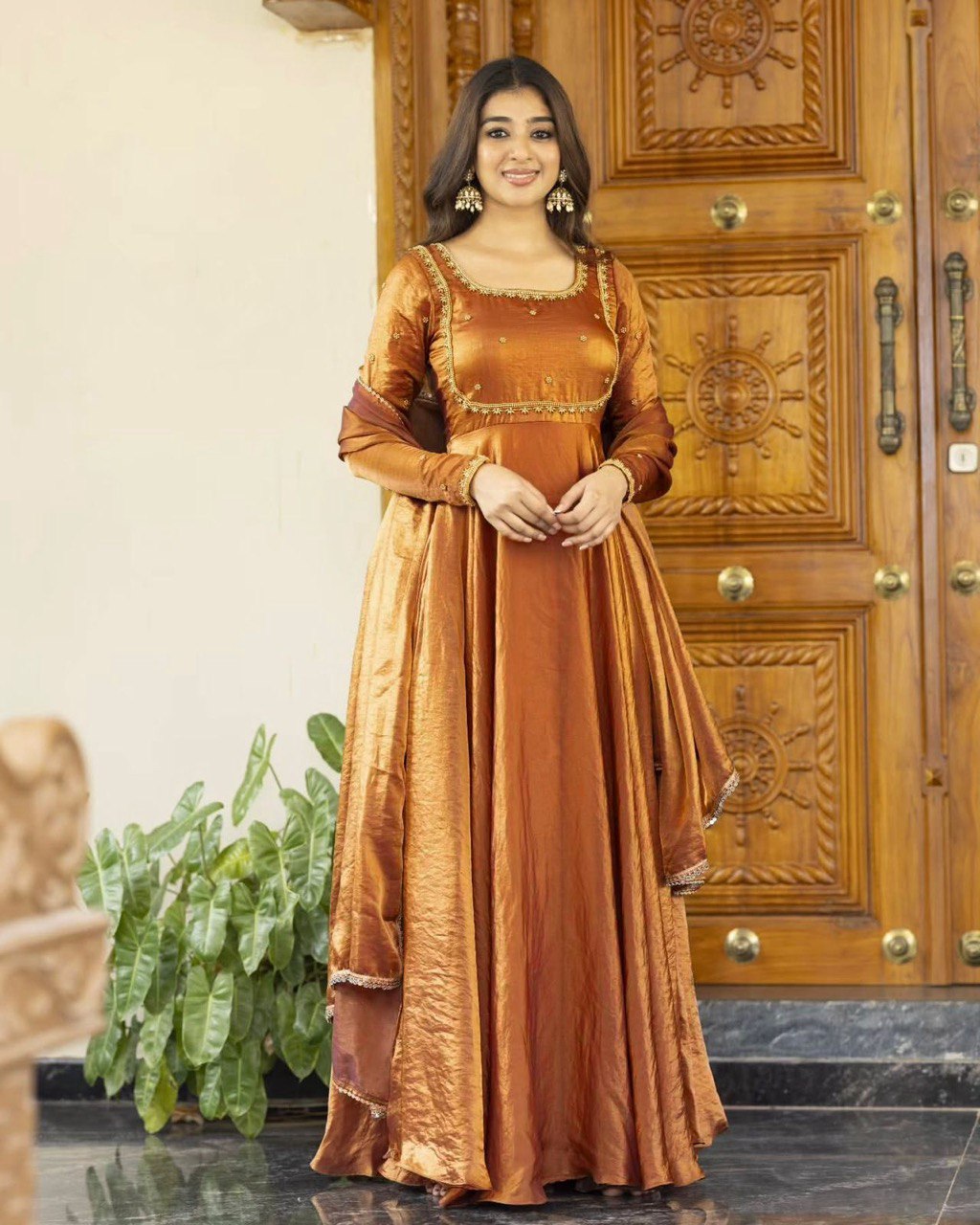 Elegant Evening Look in Brown Fendi Silk Gown with Lightweight Dupatta Accent - Jaipuri Vastra