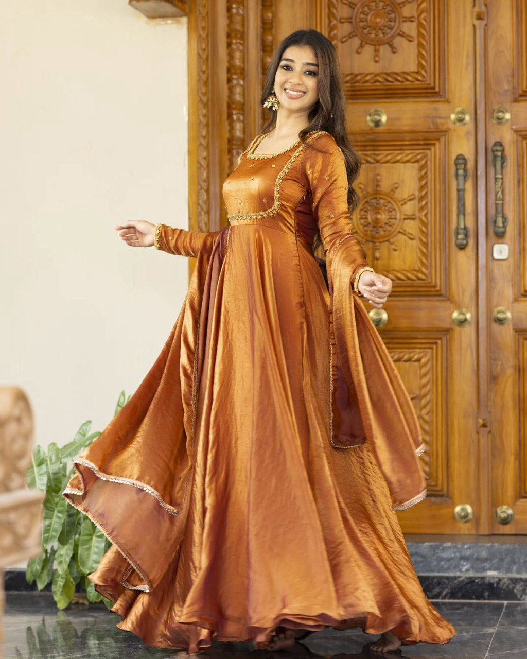 Elegant Evening Look in Brown Fendi Silk Gown with Lightweight Dupatta Accent - Jaipuri Vastra