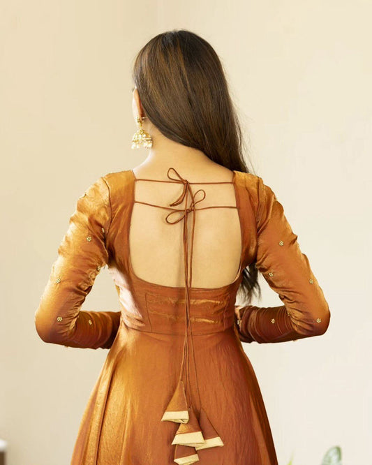 Elegant Evening Look in Brown Fendi Silk Gown with Lightweight Dupatta Accent - Jaipuri Vastra