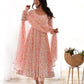 Designer Floral Chiffon Anarkali in Orange with Churidar Sleeves, Potli Buttons and Dupatta Set - Jaipuri Vastra