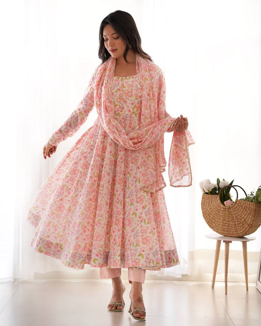 Designer Floral Chiffon Anarkali in Orange with Churidar Sleeves, Potli Buttons and Dupatta Set - Jaipuri Vastra