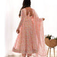 Designer Floral Chiffon Anarkali in Orange with Churidar Sleeves, Potli Buttons and Dupatta Set - Jaipuri Vastra