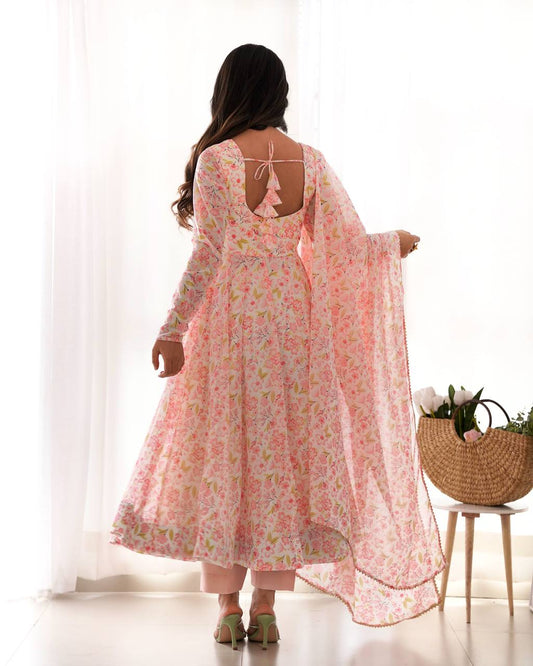 Designer Floral Chiffon Anarkali in Orange with Churidar Sleeves, Potli Buttons and Dupatta Set - Jaipuri Vastra