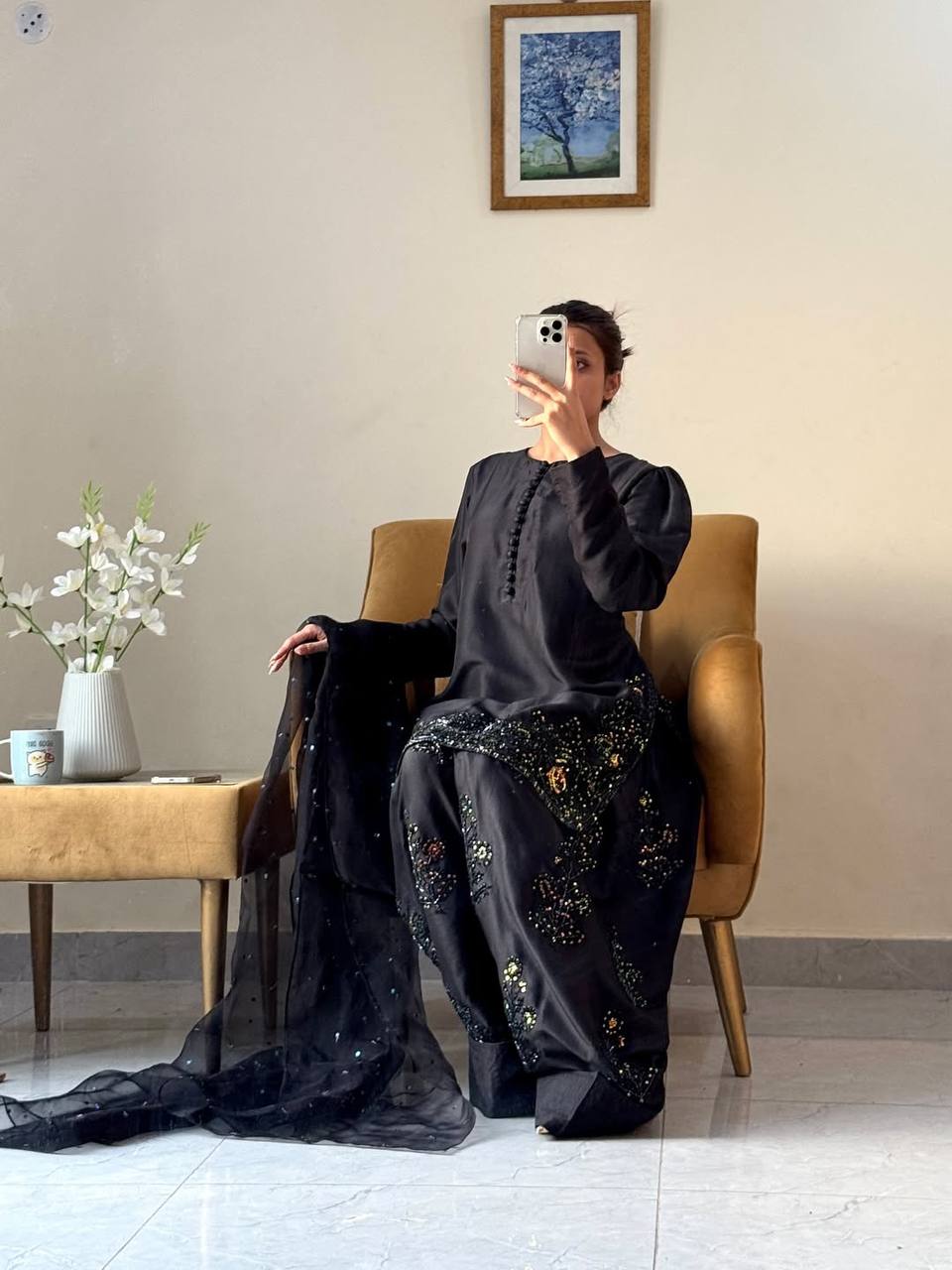 Black Ready to Wear Pure Natural Crepe Silk Suit with Embroidery and Sequence Work