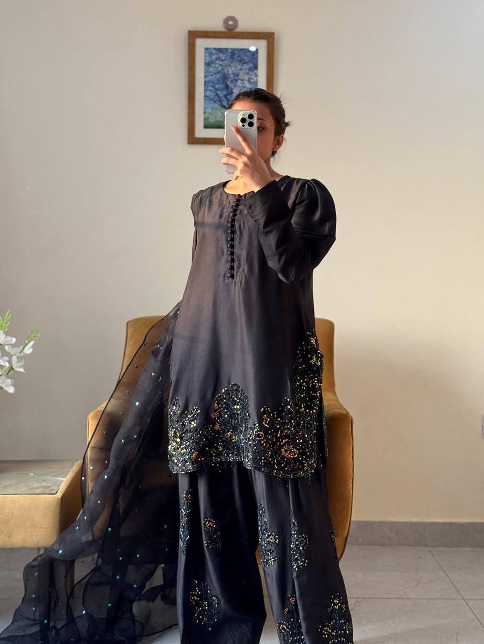 Black Ready to Wear Pure Natural Crepe Silk Suit with Embroidery and Sequence Work