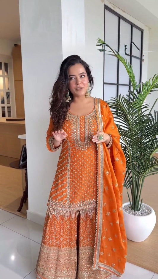 Stylish Orange Faux Georgette Sharara and Dupatta Ensemble for Festive Wear - Jaipuri Vastra