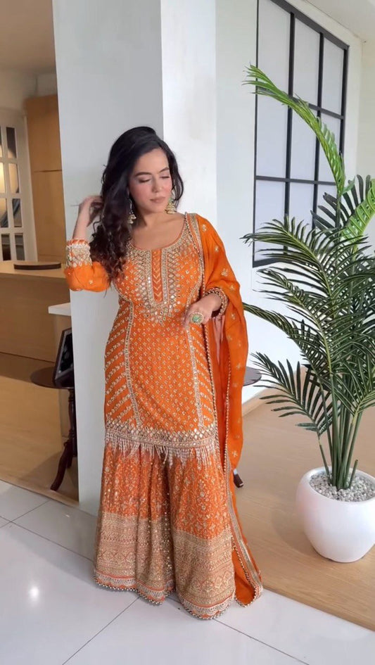 Stylish Orange Faux Georgette Sharara and Dupatta Ensemble for Festive Wear - Jaipuri Vastra