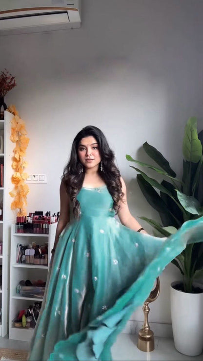 Graceful Blue Fandy Silk Gown Pant and Dupatta Set with Contemporary Style - Jaipuri Vastra