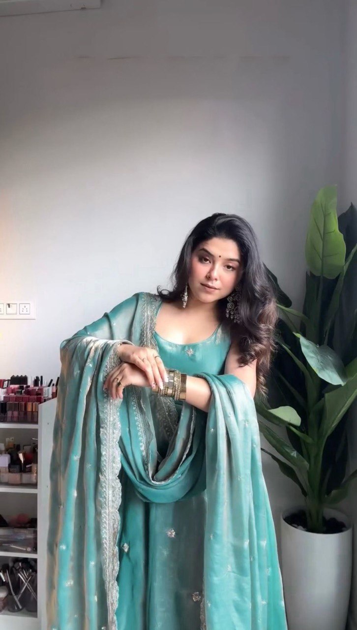 Graceful Blue Fandy Silk Gown Pant and Dupatta Set with Contemporary Style - Jaipuri Vastra