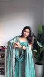 Graceful Blue Fandy Silk Gown Pant and Dupatta Set with Contemporary Style - Jaipuri Vastra